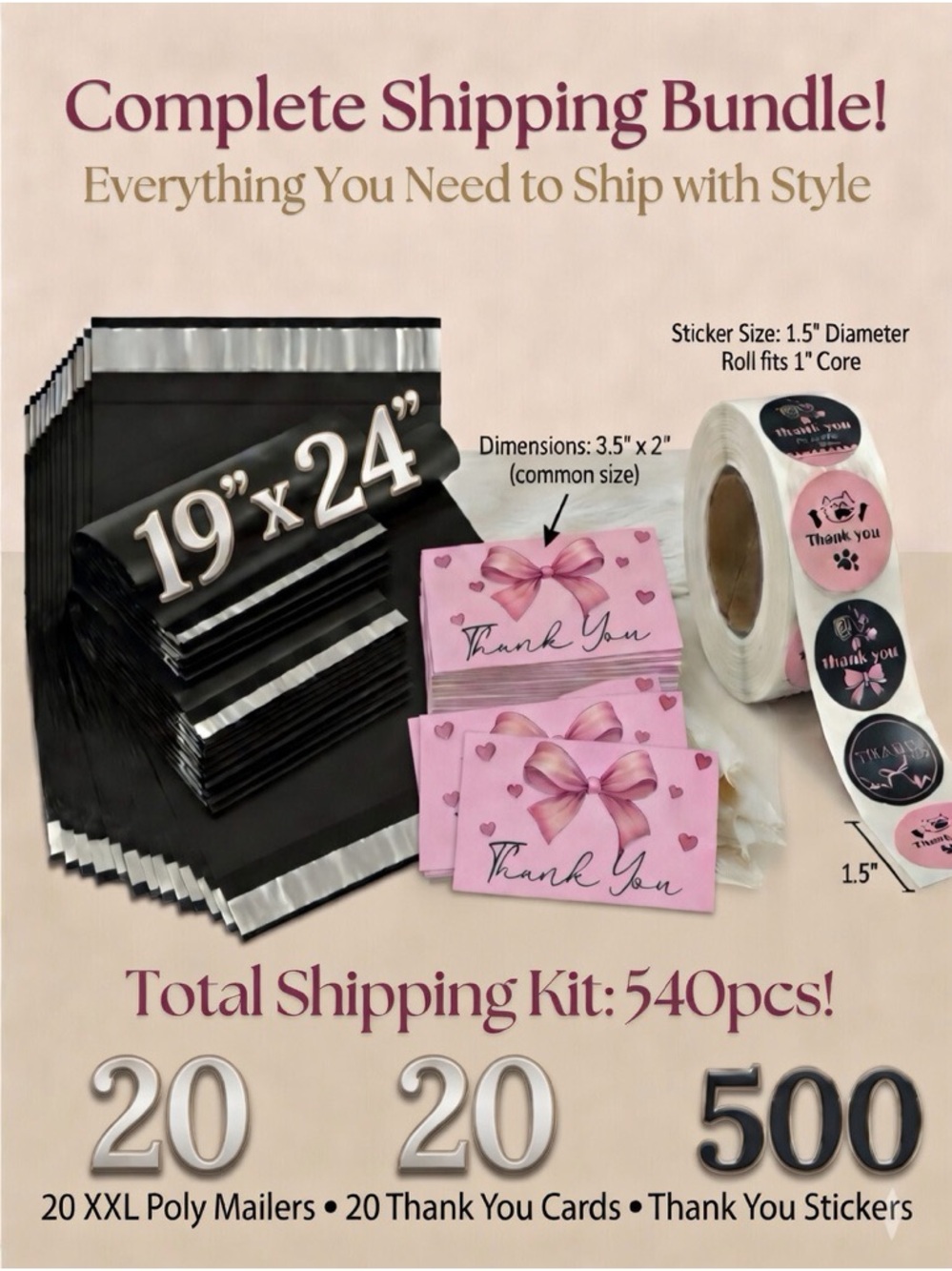 20 XXL Poly Mailers, 20 Cards & 500 Stickers Bundle